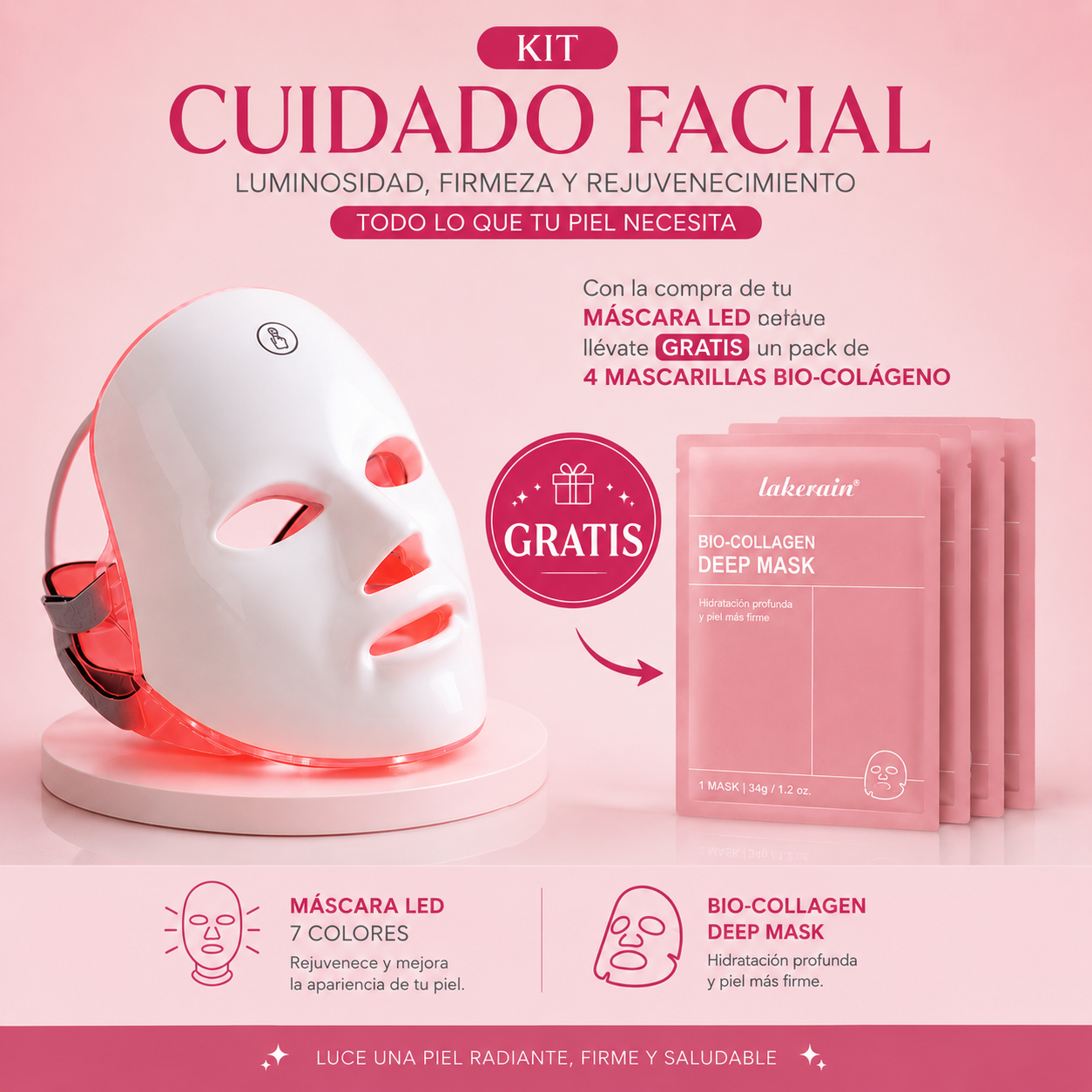 Máscara Led + 4 Mascarillas Bio-Colágeno GRATIS
